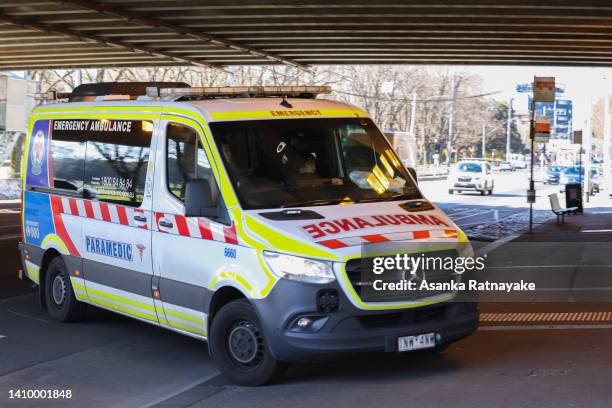 An ambulance arrives at the Emergency entrance of the Alfred Hospital on July 21, 2022 in Melbourne, Australia. Victoria recorded 14,312 official...