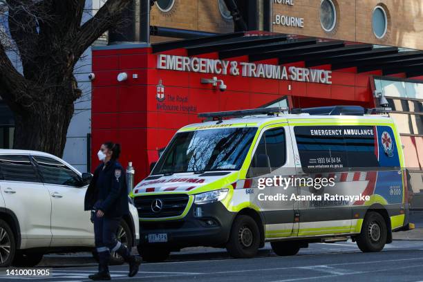 An ambulance is parked in front of the Emergency & Trauma service at the Royal Melbourne Hospital on July 21, 2022 in Melbourne, Australia. Victoria...