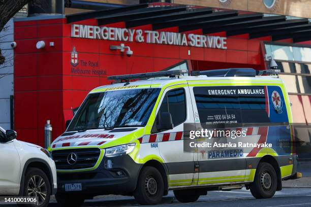 An ambulance is parked in front of the Emergency & Trauma service at the Royal Melbourne Hospital on July 21, 2022 in Melbourne, Australia. Victoria...