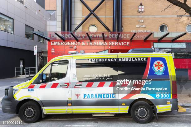 An ambulance is parked in front of the Emergency & Trauma service at the Royal Melbourne Hospital on July 21, 2022 in Melbourne, Australia. Victoria...