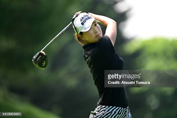 Megumi Kido of Japan hits her tee shot on the 12th hole during the first round of Daito Kentaku eHeyanet Ladies at Takino Country Club on July 21,...