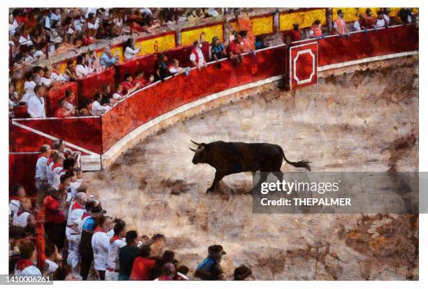bulls running in navarra, spain - digital manipulation - corrida de touros imagens e fotografias de stock