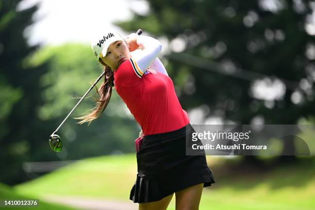 Rio Ishii of Japan hits her tee shot on the 12th hole during the first round of Daito Kentaku eHeyanet Ladies at Takino Country Club on July 21, 2022...
