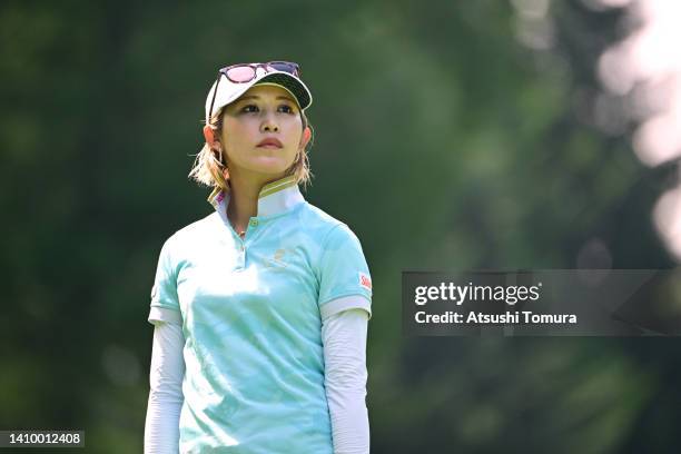 Kumiko Kaneda of Japan reacts after her tee shot on the 12th hole during the first round of Daito Kentaku eHeyanet Ladies at Takino Country Club on...