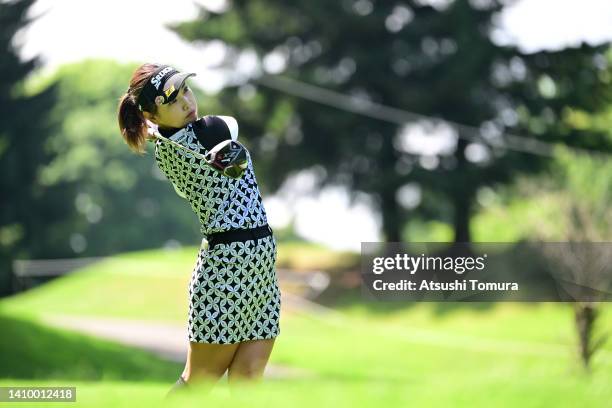 Kaori Aoyama of Japan hits her tee shot on the 12th hole during the first round of Daito Kentaku eHeyanet Ladies at Takino Country Club on July 21,...