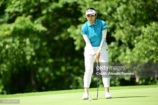 Ayano Yasuda of Japan lines up a putt on the 12th green during the first round of Daito Kentaku eHeyanet Ladies at Takino Country Club on July 21,...