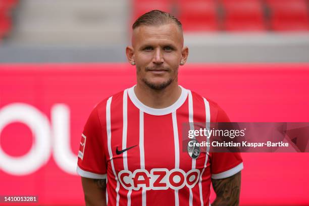 Jonathan Schmid of Sport-Club Freiburg poses during the team presentation at Europa-Park Stadion on July 20, 2022 in Freiburg im Breisgau, Germany.