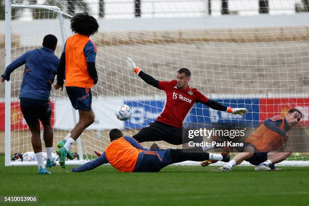 Tom Heaton of Manchester United in action during a Manchester United training session at the WACA on July 21, 2022 in Perth, Australia.