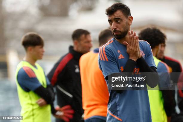 Bruno Fernandes of Manchester United looks on during a Manchester United training session at the WACA on July 21, 2022 in Perth, Australia.