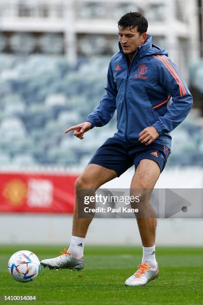 Harry Maguire of Manchester United in action during a Manchester United training session at the WACA on July 21, 2022 in Perth, Australia.