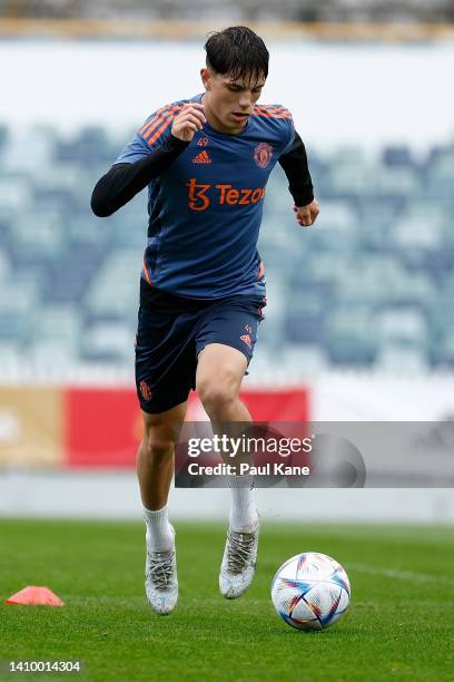 Alejandro Garnacho of Manchester United in action during a Manchester United training session at the WACA on July 21, 2022 in Perth, Australia.