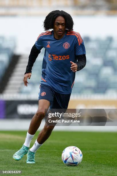 Tahith Chong of Manchester United in action during a Manchester United training session at the WACA on July 21, 2022 in Perth, Australia.