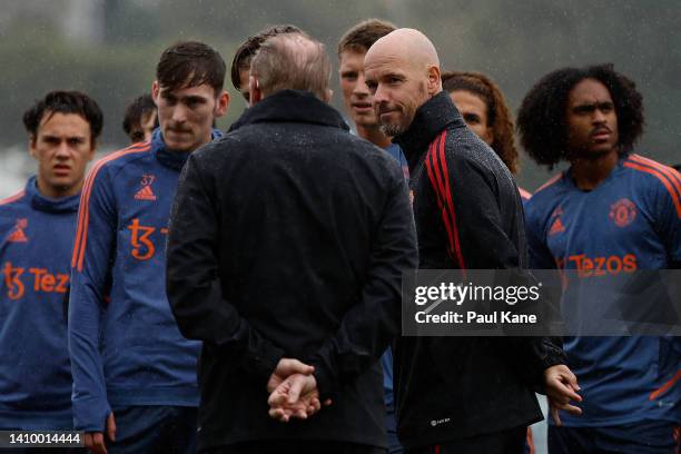 Erik ten Hag, manager of Manchester United looks on during a Manchester United training session at the WACA on July 21, 2022 in Perth, Australia.