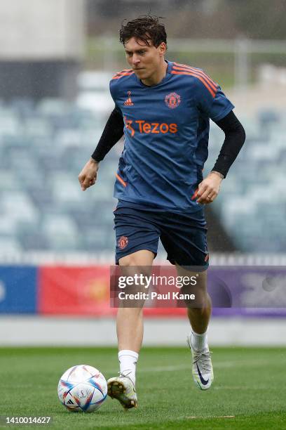 Victor Lindelof of Manchester United in action during a Manchester United training session at the WACA on July 21, 2022 in Perth, Australia.
