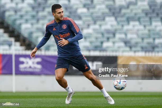 Diogo Dalot of Manchester United in action during a Manchester United training session at the WACA on July 21, 2022 in Perth, Australia.