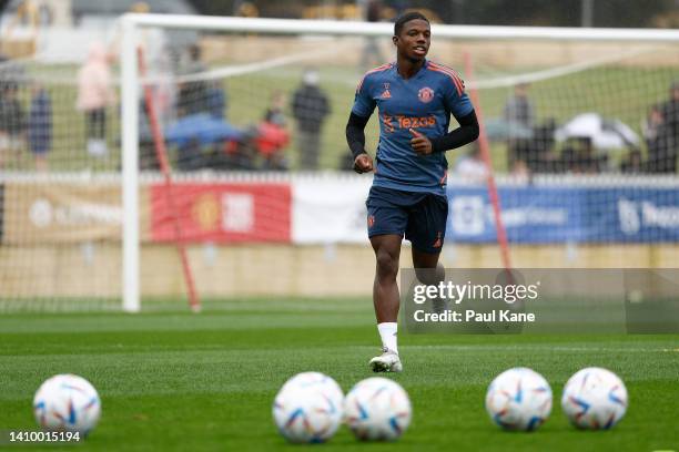 Tyrell Malacia of Manchester United in action during a Manchester United training session at the WACA on July 21, 2022 in Perth, Australia.