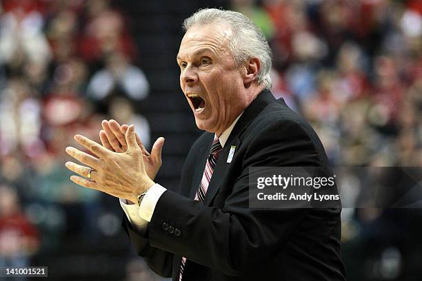Head coach Bo Ryan of the Wisconsin Badgers reacts as he coaches against the Indiana Hoosiers during their quarterfinal game of 2012 Big Ten Men's...