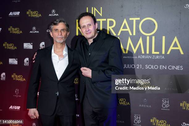 Humberto Zurita and Adrián Zurita pose for a photo on the red carpet during the premiere of "Un Retrato De Familia" at Cinemex Antara Polanco on July...