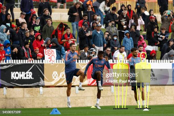 Players warm up during a Manchester United training session at the WACA on July 21, 2022 in Perth, Australia.