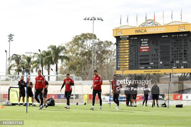Players warm up during a Manchester United training session at the WACA on July 21, 2022 in Perth, Australia.