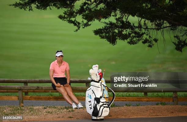 Albane Valenzuela of Switzerland waits to tee off on day one of The Amundi Evian Championship at Evian Resort Golf Club on July 21, 2022 in...