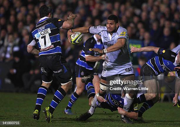 Steve Mafi of Leicester Tigers breaks a tackle during the LV= Cup Semi Final match between Bath and Leicester Tigers at Recreation Ground on March 9,...