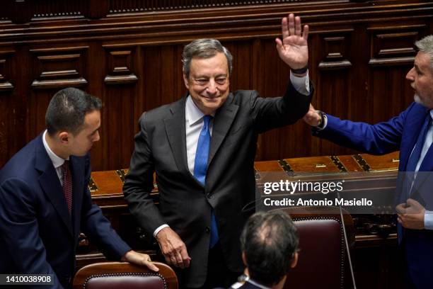 Italian Prime Minister Mario Draghi waves to lawmakers at the end of his speech to the Chamber of Deputies, on July 21, 2022 in Rome, Italy....