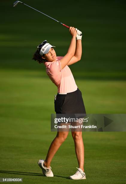 Albane Valenzuela of Switzerland plays their second shot on the 11th hole on day one of The Amundi Evian Championship at Evian Resort Golf Club on...