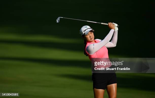 Minjee Lee of Australia plays their second shot on the 11th hole on day one of The Amundi Evian Championship at Evian Resort Golf Club on July 21,...
