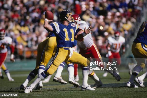 Ed Luther, Quarterback for the San Diego Chargers throws the football downfield during the American Football Conference West Division game against...