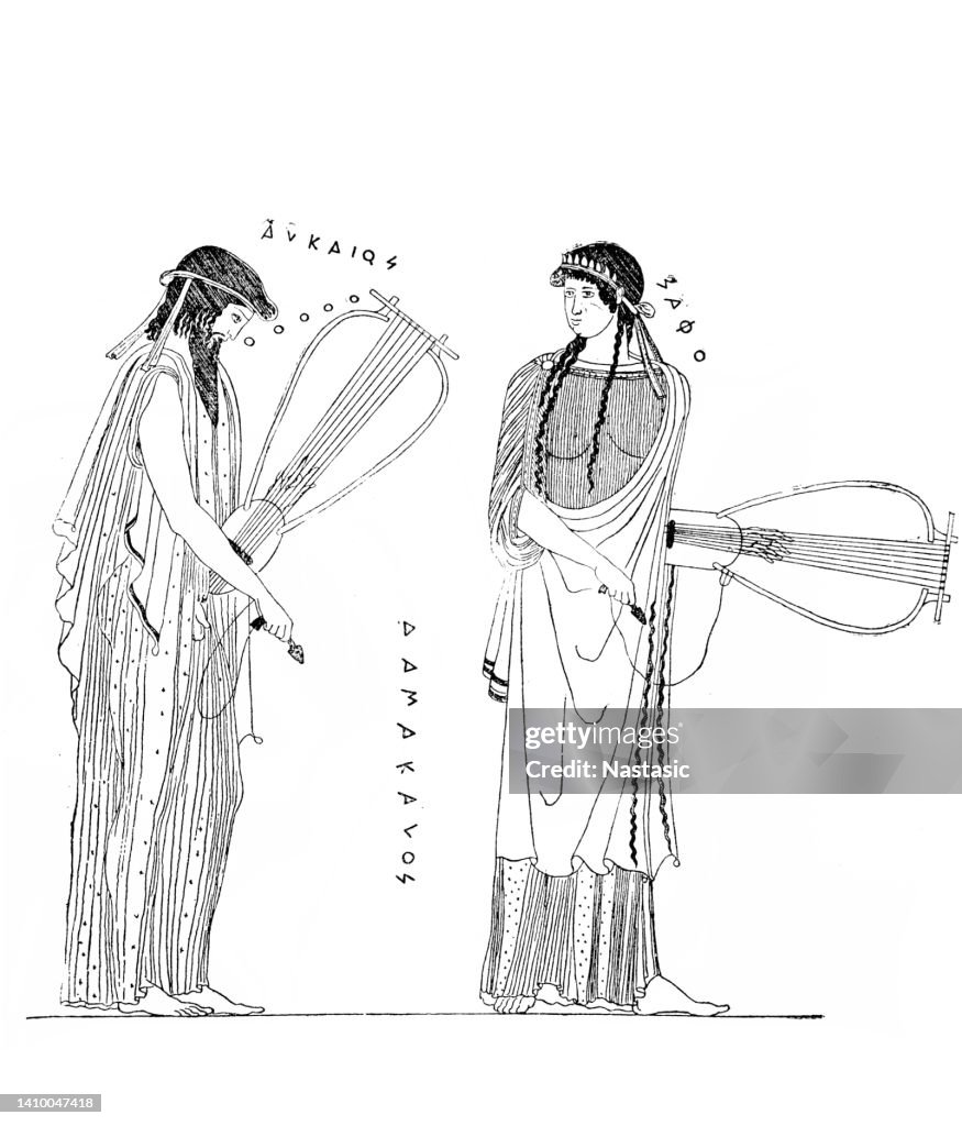 Alcaeus and Sappho, after an Attic red-figure kalathos, ca. 470 BC, from Akragas (Sicily), today in Staatliche Antikensammlungen