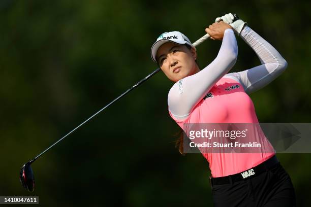 Minjee Lee of Australia tees off on the 13th hole on day one of The Amundi Evian Championship at Evian Resort Golf Club on July 21, 2022 in...