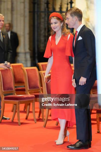 Crown Princess Elisabeth of Belgium and Prince Emmanuel of Belgium, members of the Royal family arrive for the Te Deum as they attend the National...