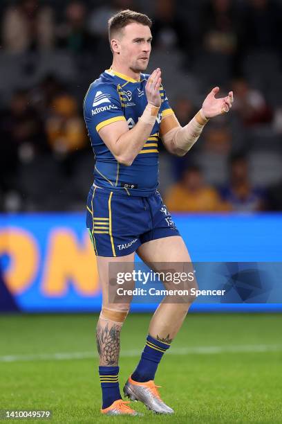 Clinton Gutherson of the Eels warms up ahead of the round 19 NRL match between the Parramatta Eels and the Brisbane Broncos at CommBank Stadium on...