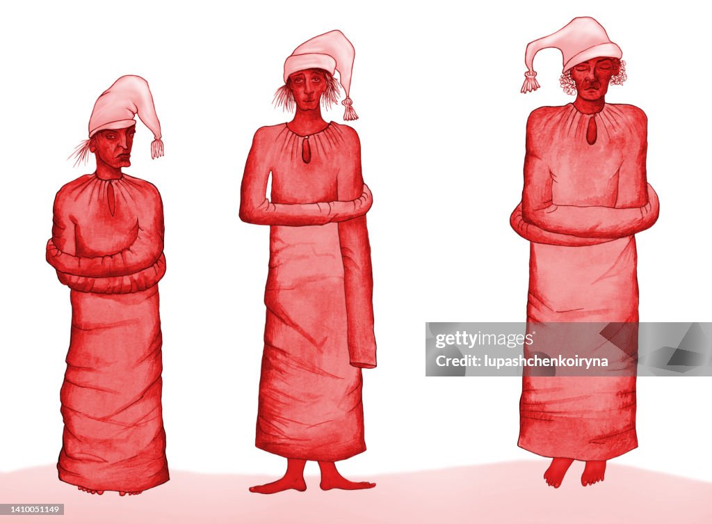 Political illustration symbol of Russian aggression politics figures of three crazy men in straitjackets on white background