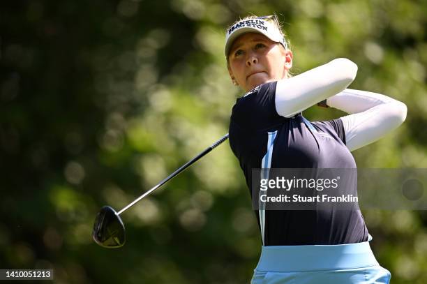 Jessica Korda of The United States tees off on the 4th hole on day one of The Amundi Evian Championship at Evian Resort Golf Club on July 21, 2022 in...