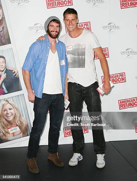 Footballers Tyson Goldsack and Cameron Wood arrive at the Australian premiere of "American Pie: Reunion" on March 7, 2012 in Melbourne, Australia.