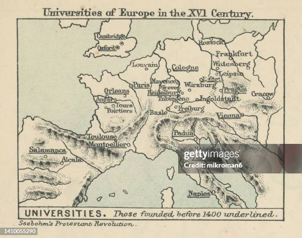 old chromolithograph map of universities of europe in the xvi century - pisa study stock-fotos und bilder