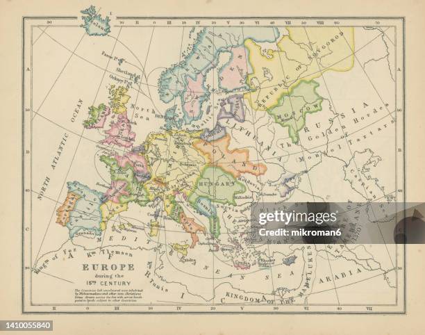 old chromolithograph map of europe during the 15-th century - anos 1400 - fotografias e filmes do acervo