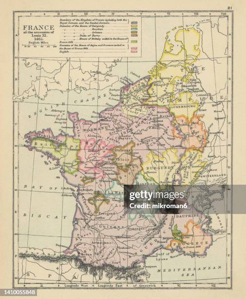 old chromolithograph map of france of the accession of louis xi - 1461 - france v scotland stock pictures, royalty-free photos & images