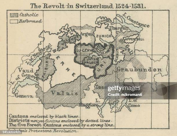 old chromolithograph map of revolt in switzerland (1524-1531) - zurich map fotografías e imágenes de stock