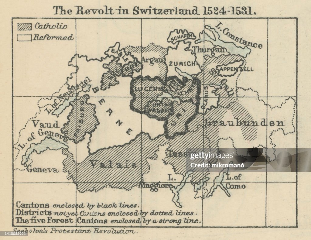 Old chromolithograph map of Revolt in Switzerland (1524-1531)