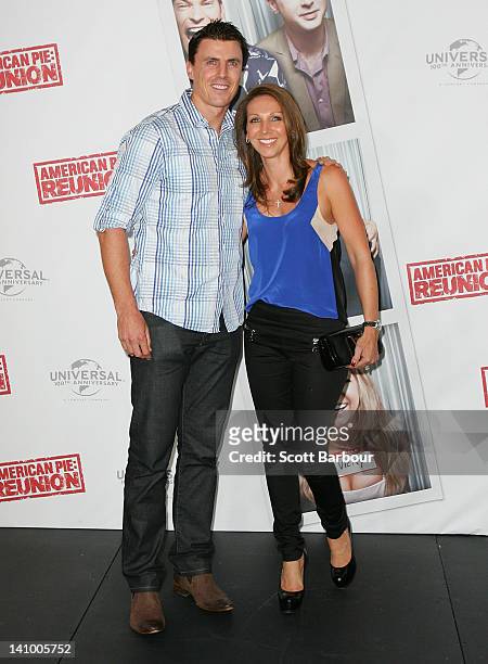 Matthew Lloyd and his wife Lisa Lloyd arrive at the Australian premiere of "American Pie: Reunion" on March 7, 2012 in Melbourne, Australia.