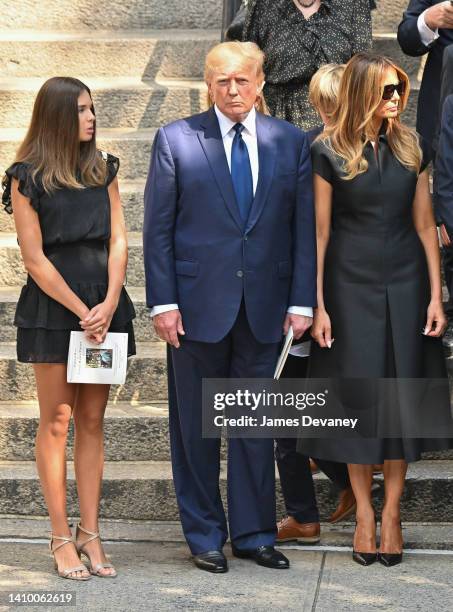 Kai Madison Trump, former U.S. President Donald Trump and former U.S. First Lady Melania Trump are seen at the funeral of Ivana Trump on July 20,...