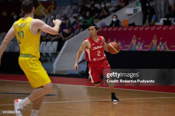 Yuki Togashi of Japan controls the ball during the FIBA Asia Cup quarter-final between Australia and Japan at Istora Gelora Bung Karno on July 21,...