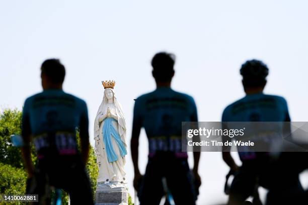 Detail of a statue of our Lady of Lourdes and Team Astana – Qazaqstan during the team presentation prior to the 109th Tour de France 2022, Stage 18 a...