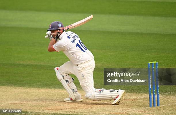Nick Browne of Essex hits runs during Day Three of the LV= Insurance County Championship match between Surrey and Essex at The Kia Oval on July 21,...
