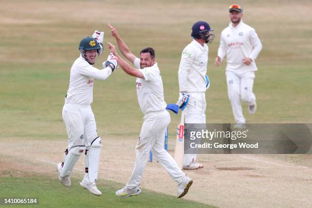 Tom Moores of Nottinghamshire celebrates with teammate and bowler, Steven Mullaney after catching out Leus du Plooy of Nottinghamshire during the LV=...