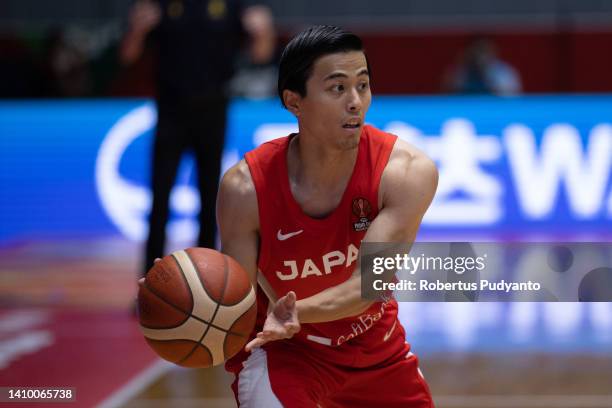 Yuki Togashi of Japan throws the ball during the FIBA Asia Cup quarter-final between Australia and Japan at Istora Gelora Bung Karno on July 21, 2022...