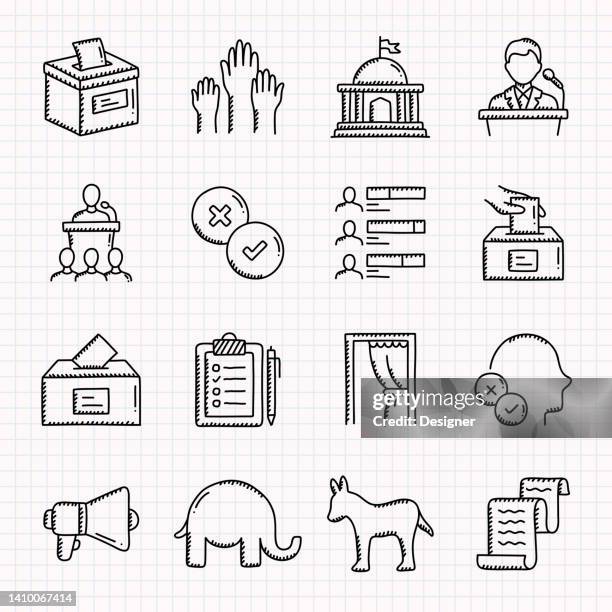 election related hand drawn icons set, doodle style vector illustration - politician icon stock illustrations